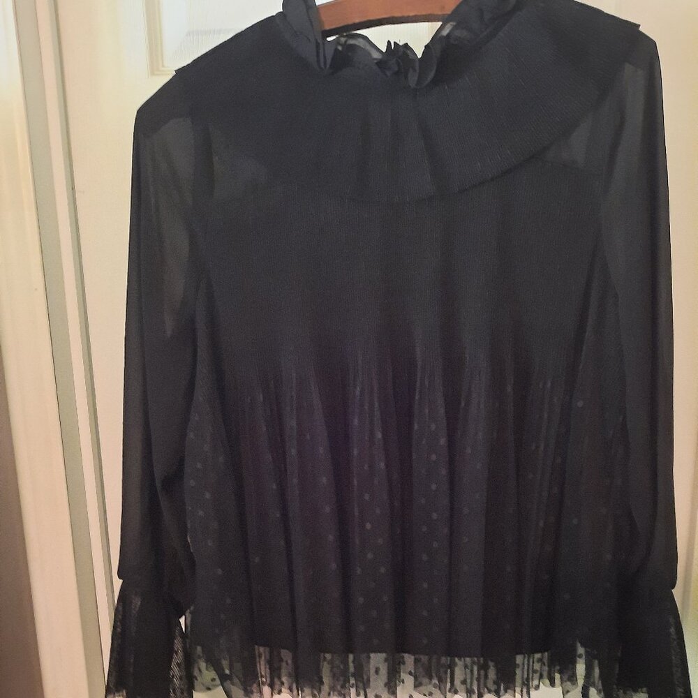 Very J Sweet Black Ruffled Lace and Polka Dot Blouse